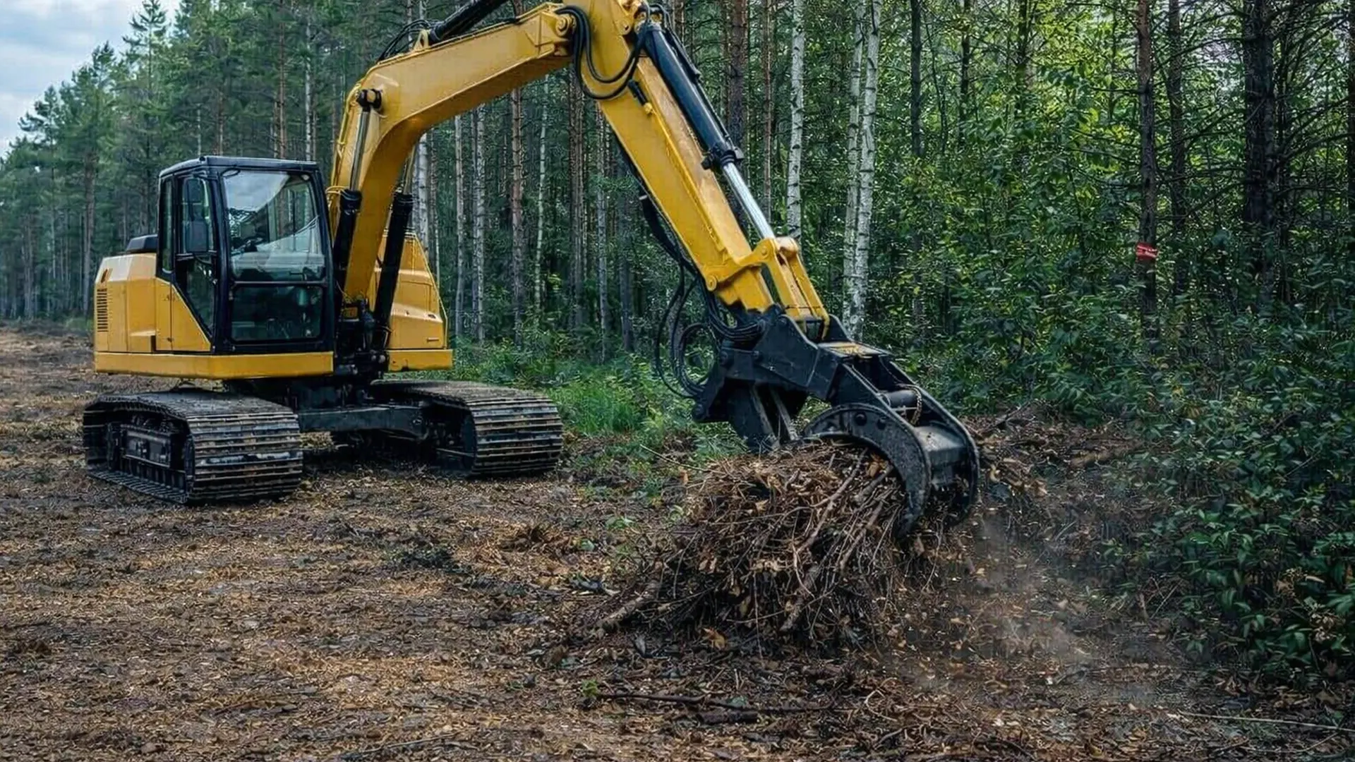 Excavator gathering dead branches