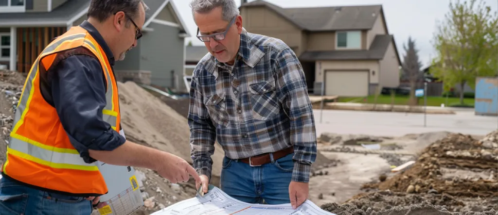 construction workers discussing a house foundations plans