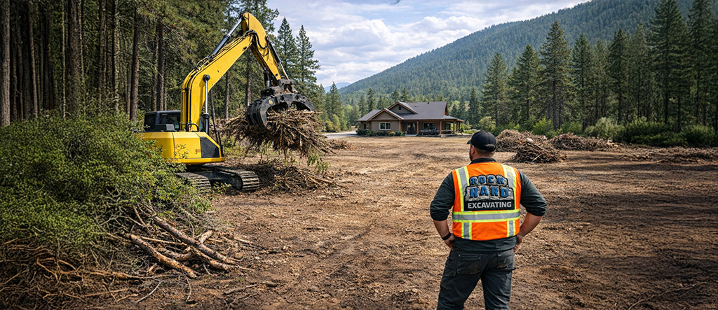 Excavator performing wildfire fuel reduction and cleanup